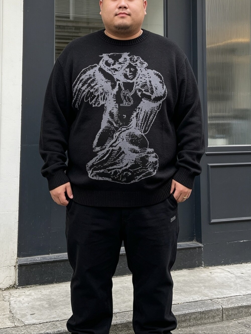 OVO October's Very Own Black Graphic Knit Sweater XXL Owl Statue Crewneck Cotton